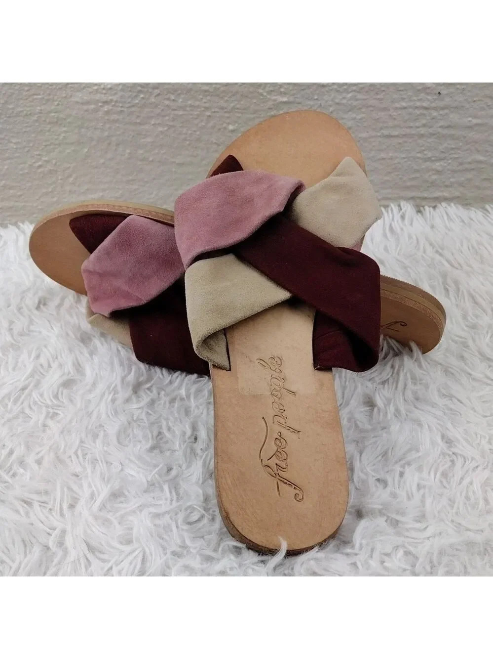 Free People Tan Pink Two Tone Leather Crisscross Round Toe Slide Flat Sandal